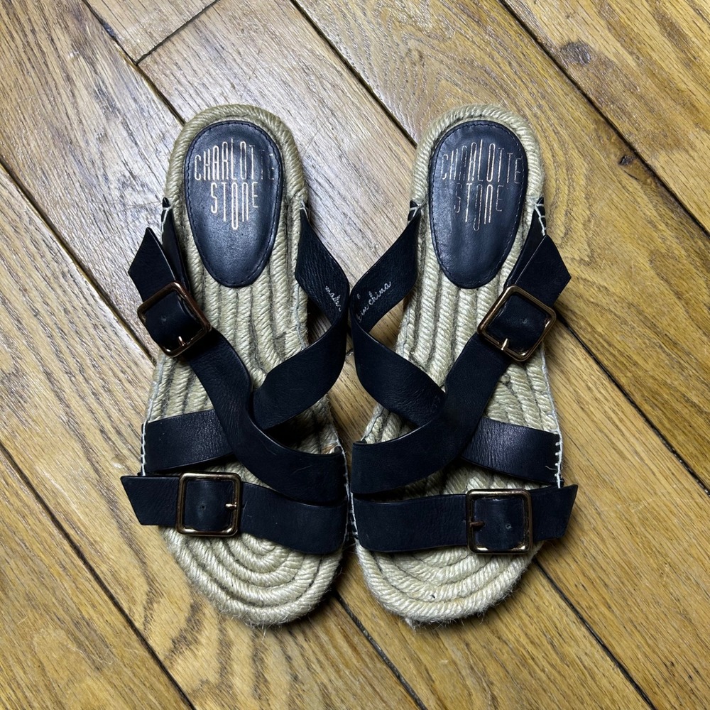 Charlotte Stone Black Leather Espadrille Buckle Slide Sandals Womens Size 6‎